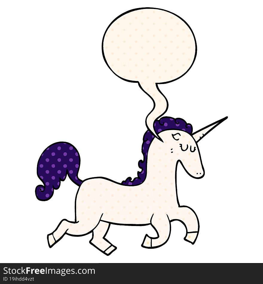 cartoon unicorn and speech bubble in comic book style