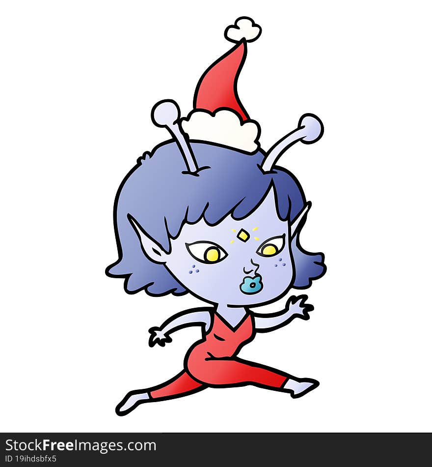 pretty gradient cartoon of a alien girl running wearing santa hat