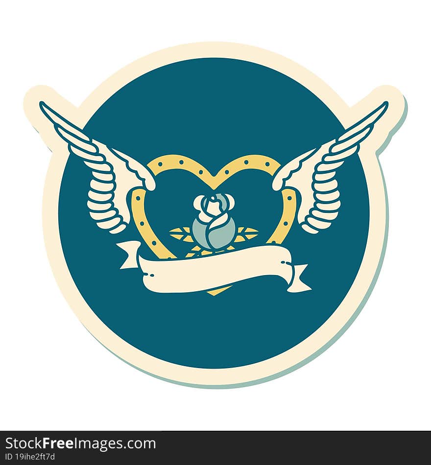 sticker of tattoo in traditional style of a flying heart with flowers and banner. sticker of tattoo in traditional style of a flying heart with flowers and banner