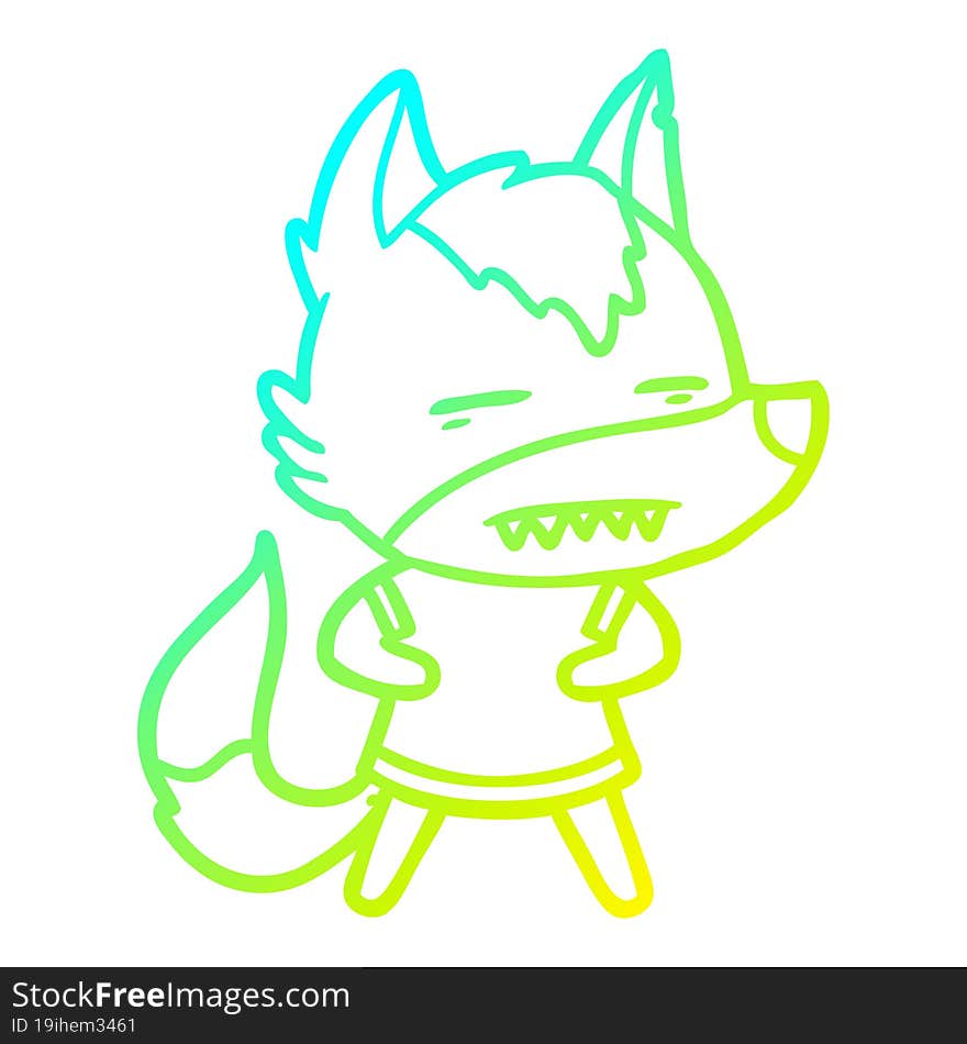 cold gradient line drawing cartoon wolf showing teeth