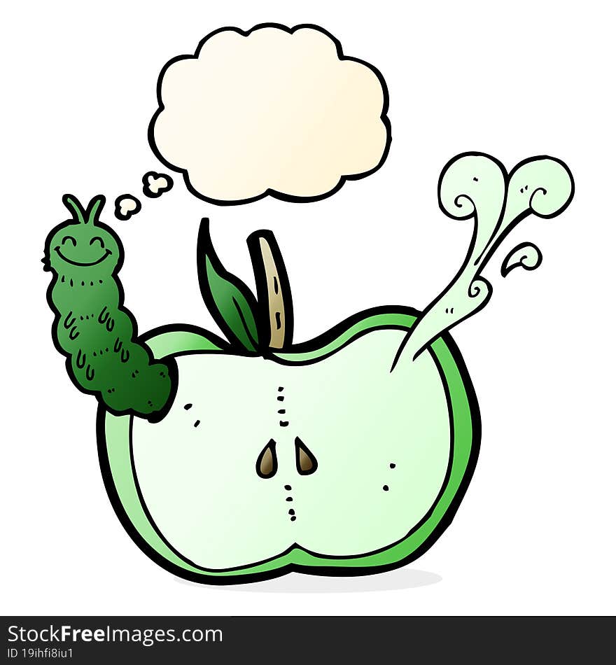 cartoon apple with bug with thought bubble