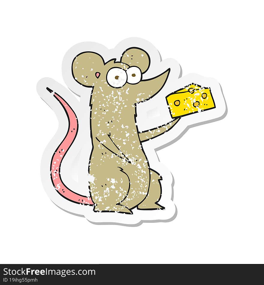 Retro Distressed Sticker Of A Cartoon Mouse With Cheese