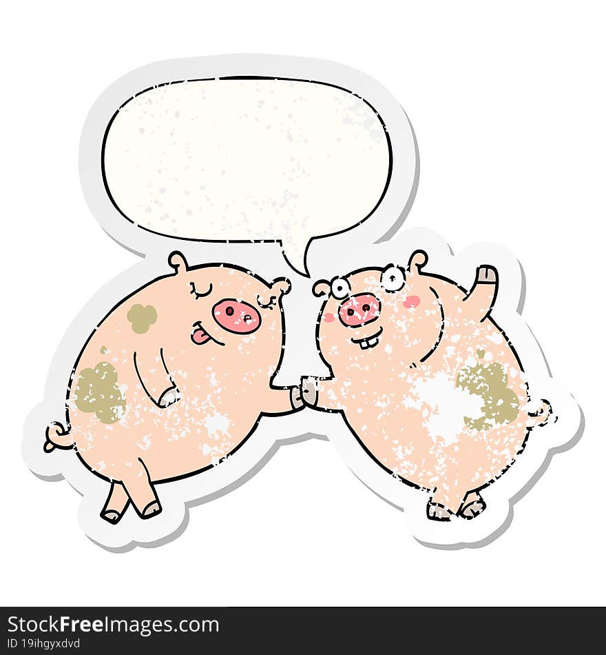 cartoon pigs dancing with speech bubble distressed distressed old sticker. cartoon pigs dancing with speech bubble distressed distressed old sticker