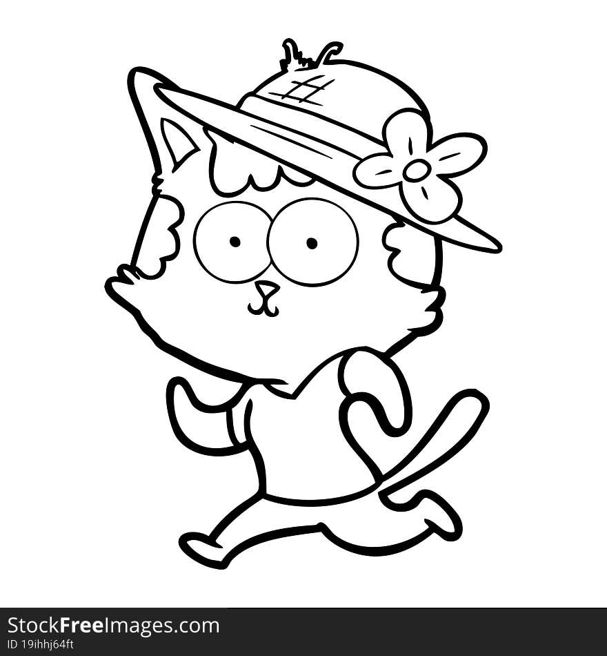 happy cartoon cat jogging in hat. happy cartoon cat jogging in hat