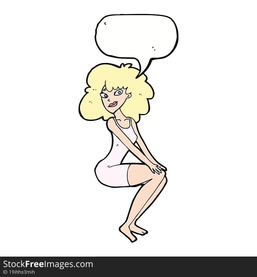 cartoon sitting woman in dress with speech bubble