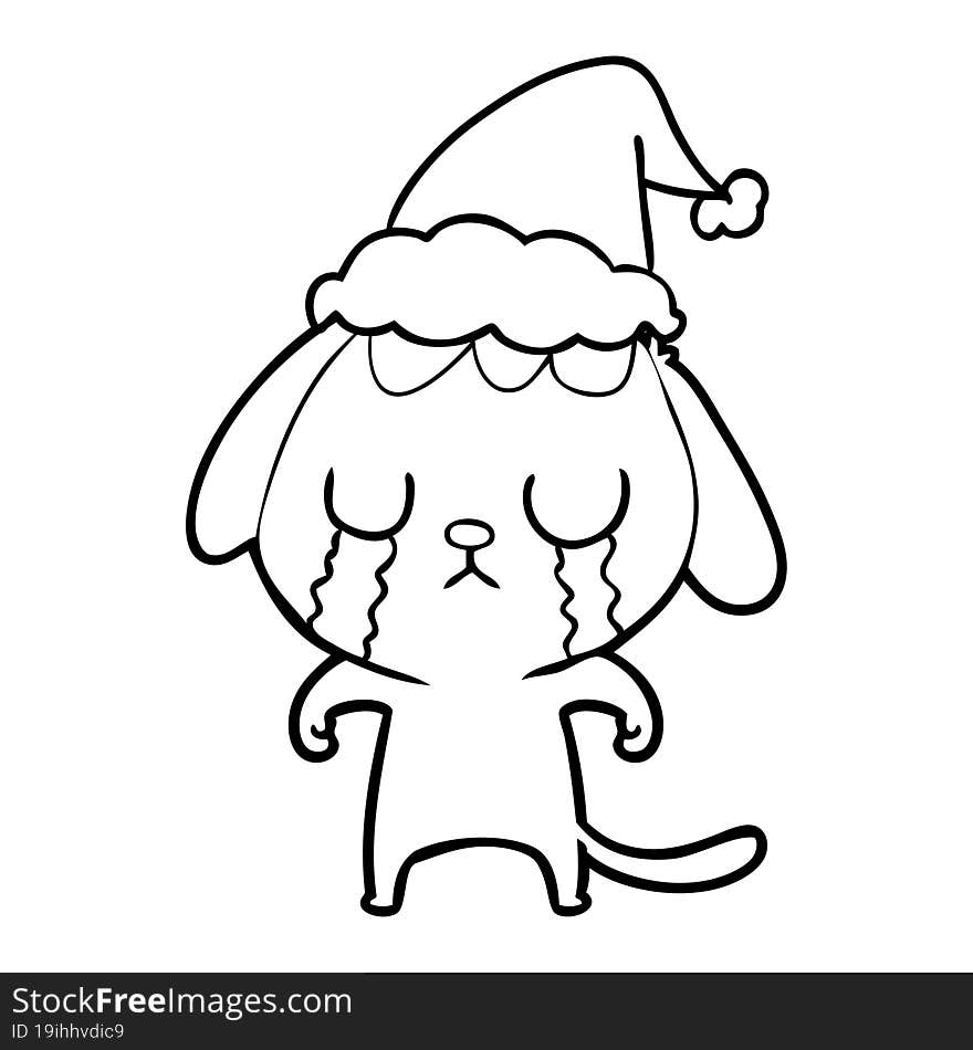 cute line drawing of a dog crying wearing santa hat