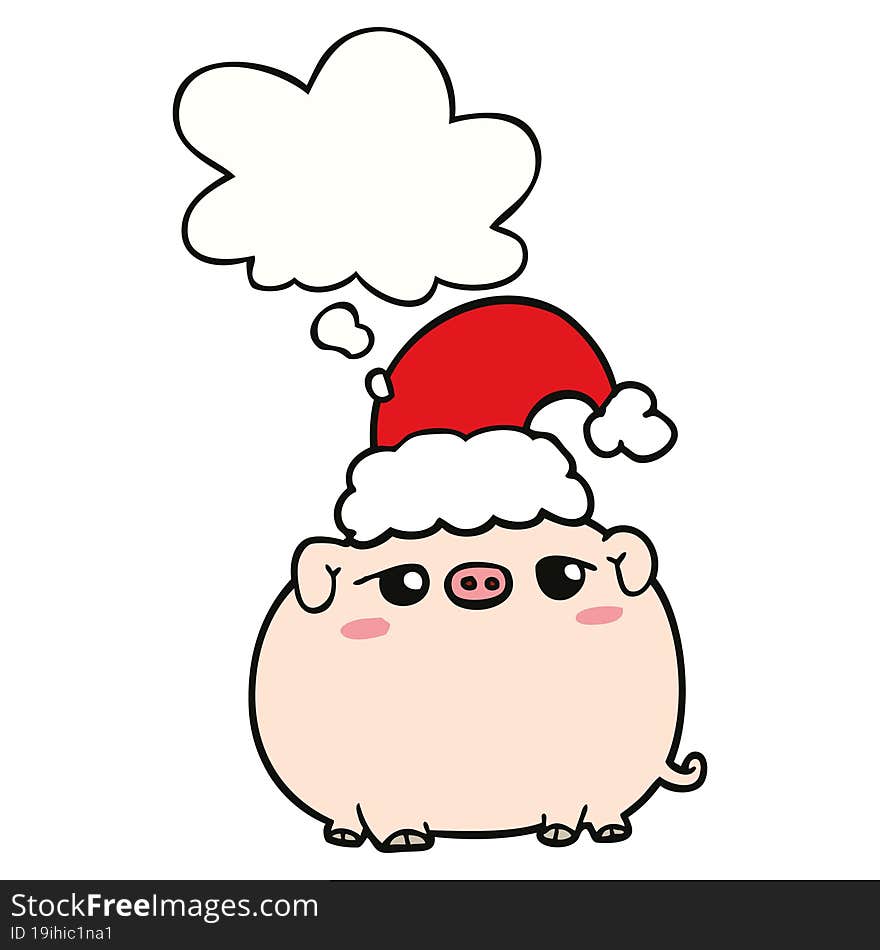 cartoon pig wearing christmas hat and thought bubble