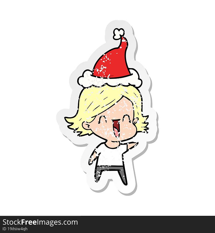 distressed sticker cartoon of a happy woman wearing santa hat