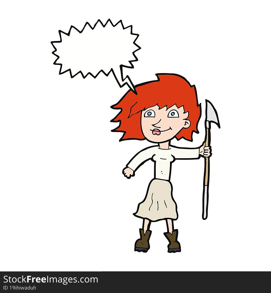 cartoon woman with spear with speech bubble