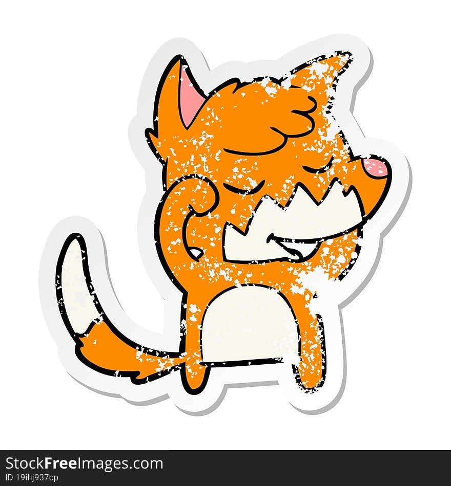 distressed sticker of a friendly cartoon fox waking up