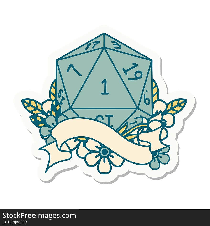 sticker of a natural one d20 dice roll. sticker of a natural one d20 dice roll