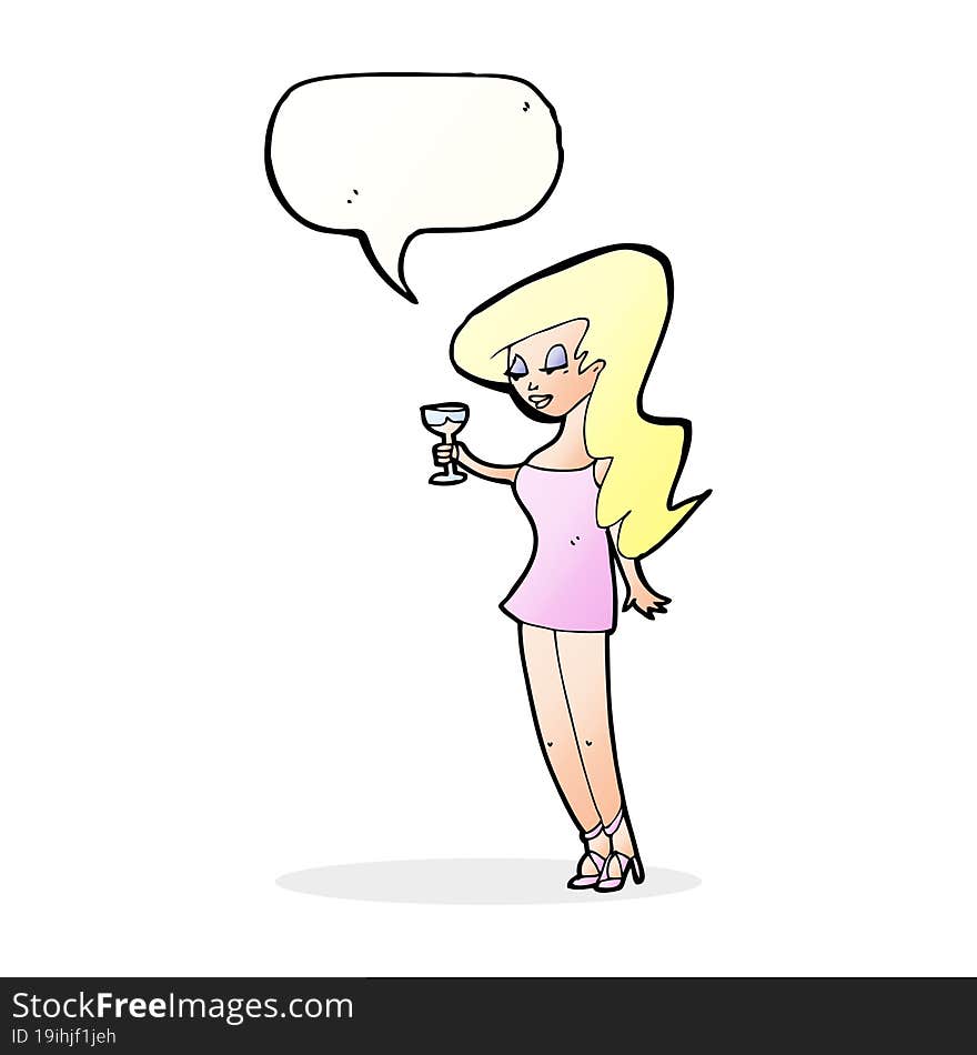 cartoon woman at party with speech bubble