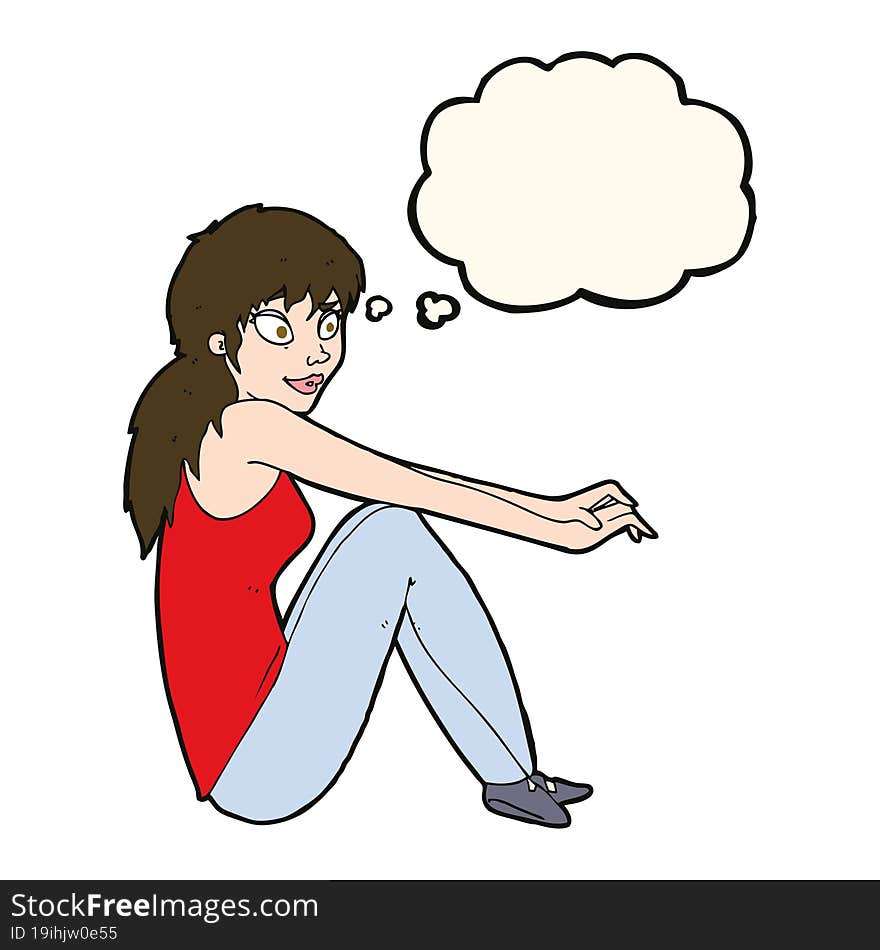 Cartoon Happy Woman Sitting With Thought Bubble