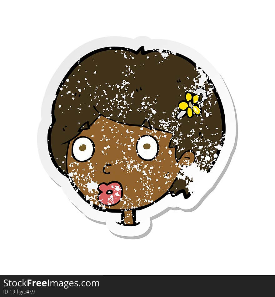 retro distressed sticker of a cartoon surprised female face