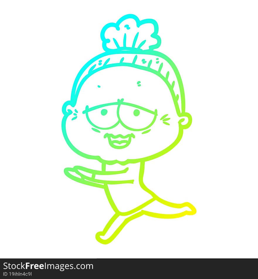 cold gradient line drawing cartoon happy old lady