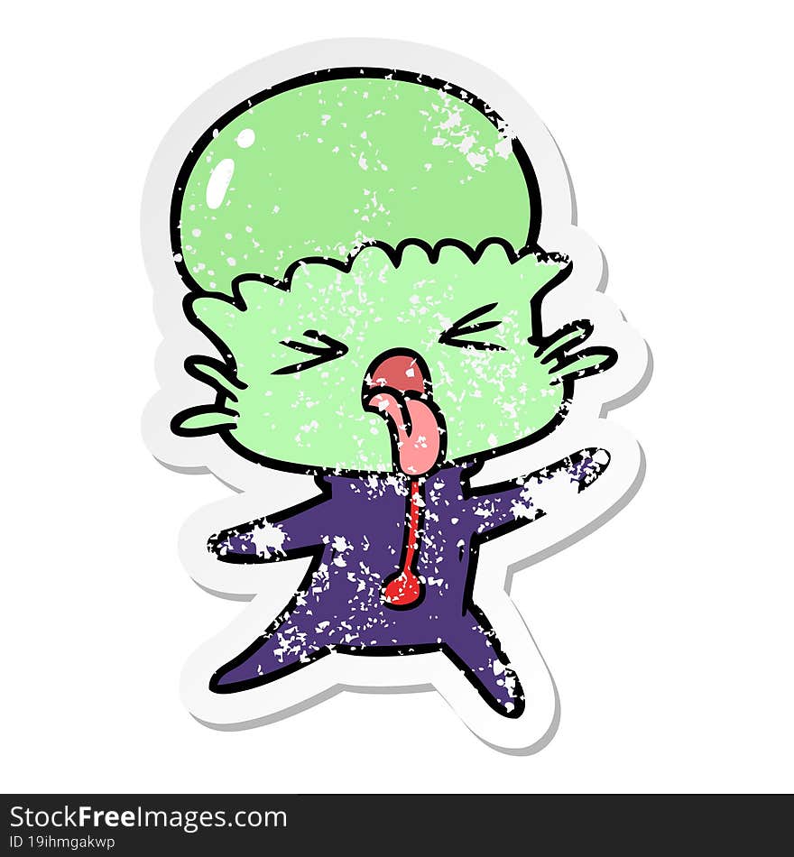 distressed sticker of a weird cartoon alien