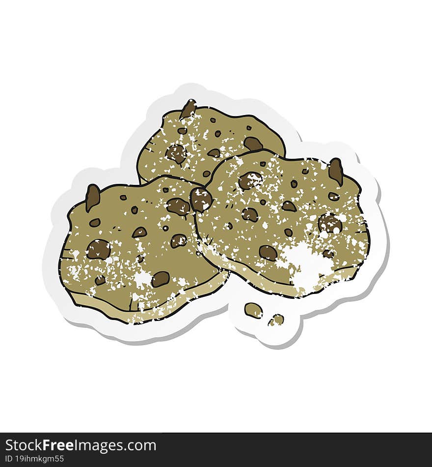 retro distressed sticker of a cartoon chocolate chip cookies