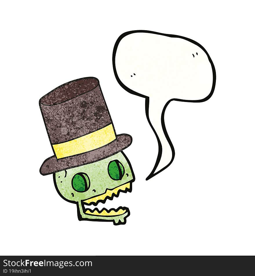 speech bubble textured cartoon laughing skull in top hat