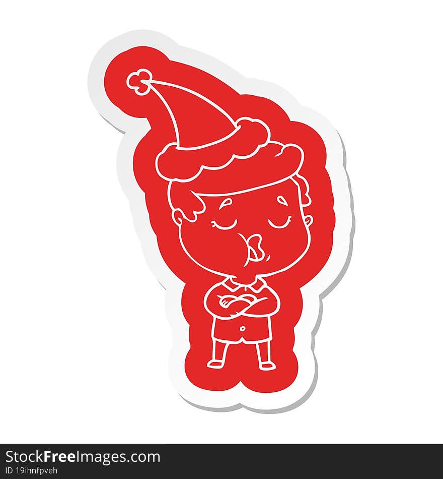 cartoon  sticker of a man talking wearing santa hat