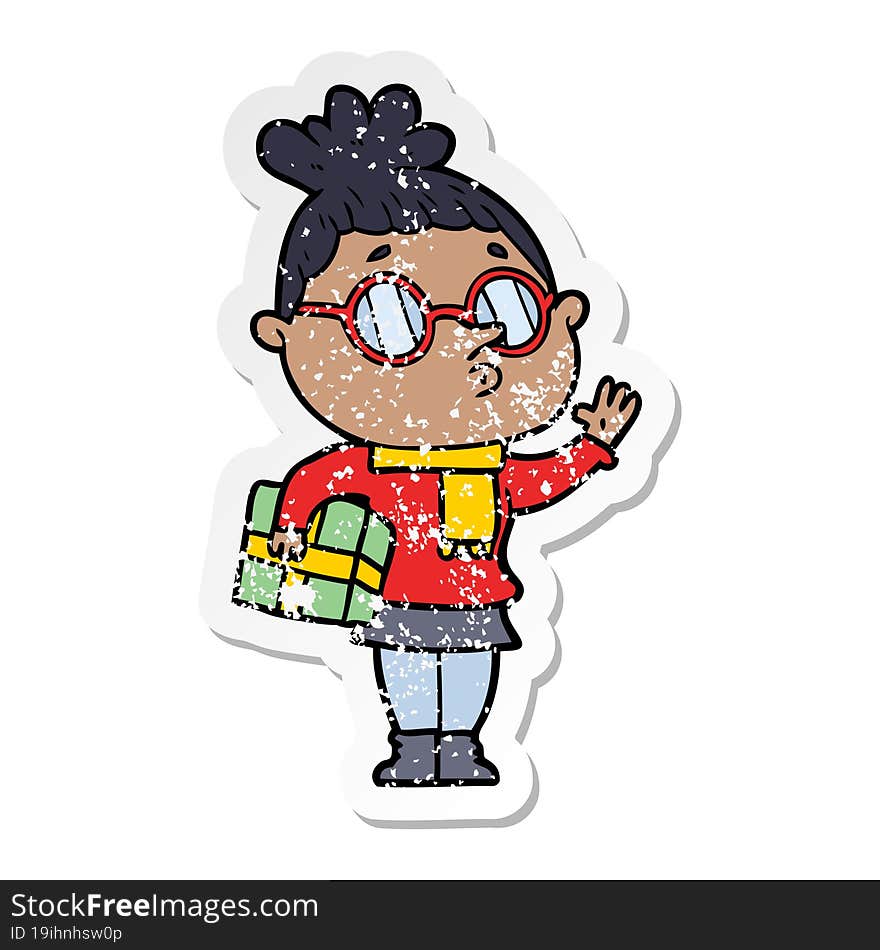 distressed sticker of a cartoon woman wearing glasses