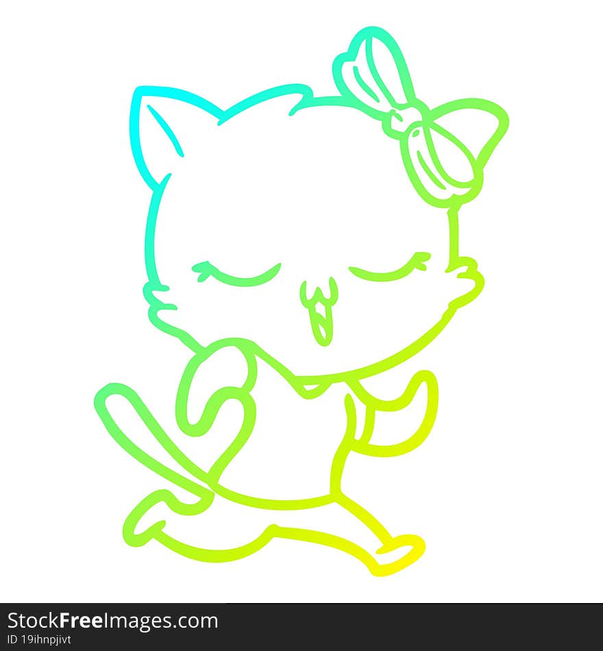 cold gradient line drawing cartoon cat with bow on head