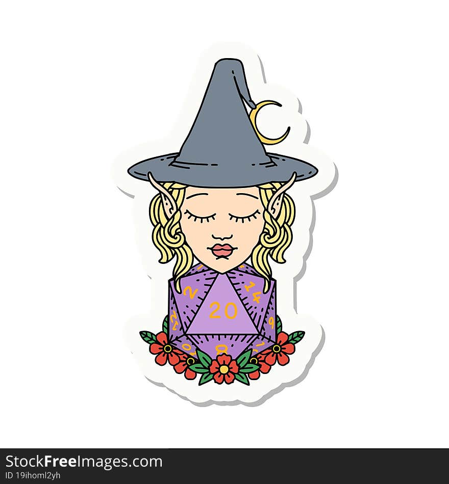 elf mage character with natural twenty dice roll sticker