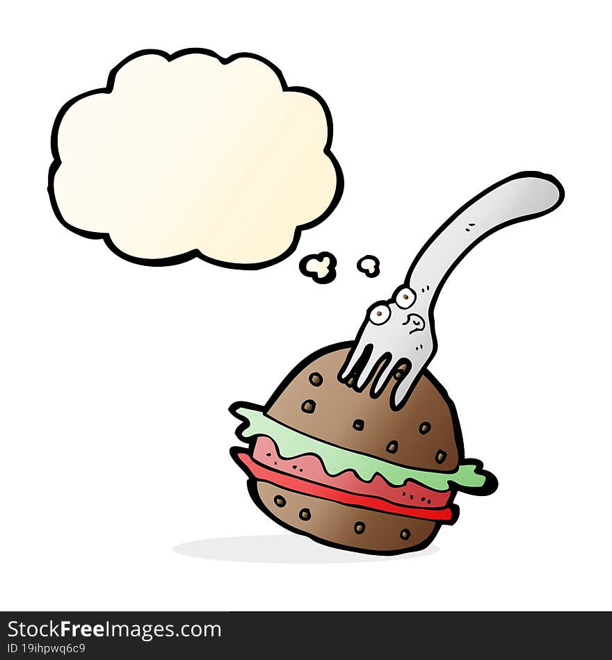 cartoon fork and burger with thought bubble