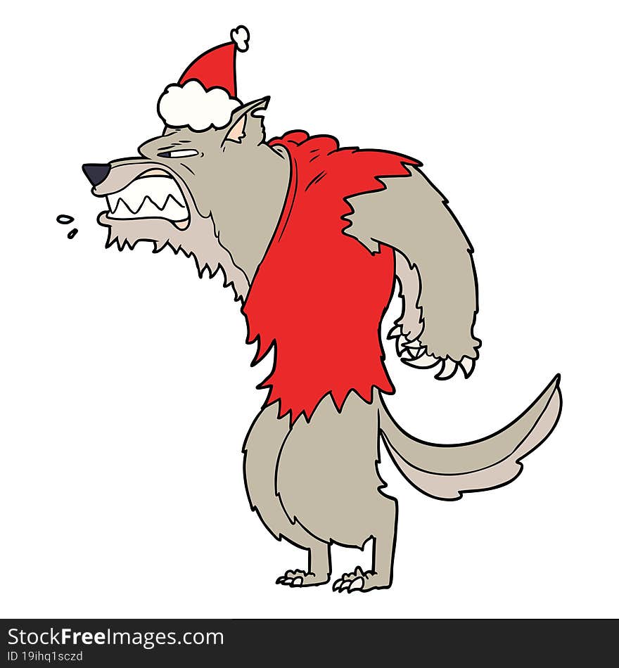 Angry Werewolf Line Drawing Of A Wearing Santa Hat