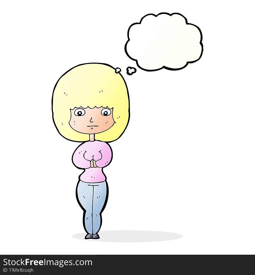 cartoon shy woman with thought bubble