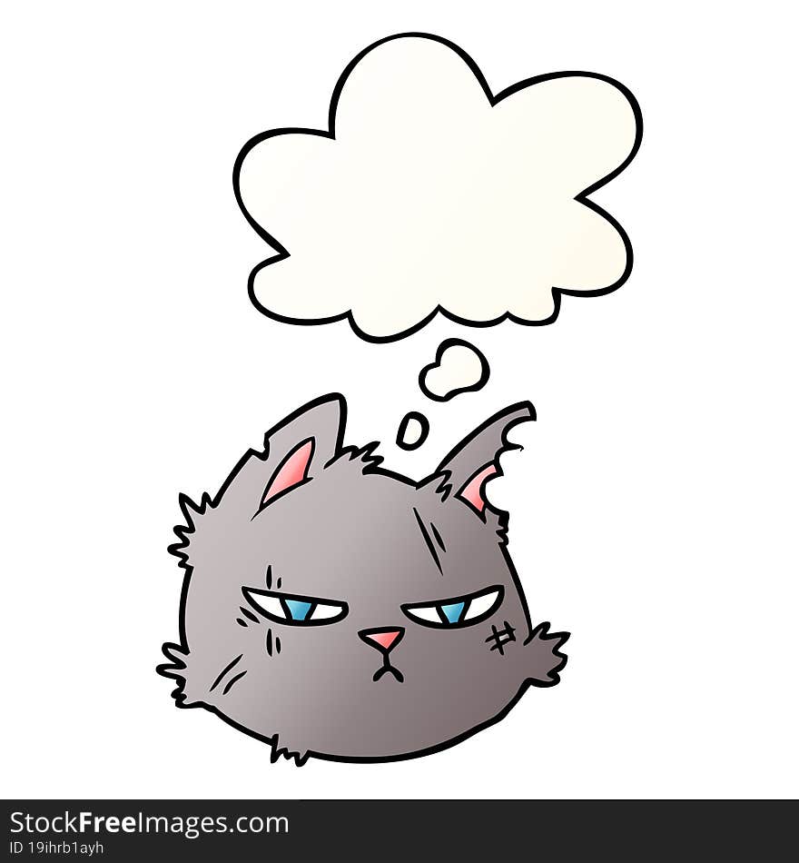 Cartoon Tough Cat Face And Thought Bubble In Smooth Gradient Style