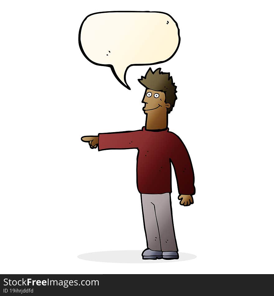 cartoon happy pointing man with speech bubble