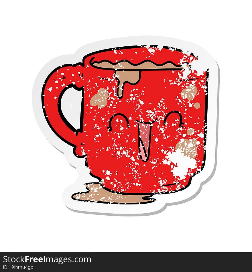 distressed sticker of a cartoon dirty office mug