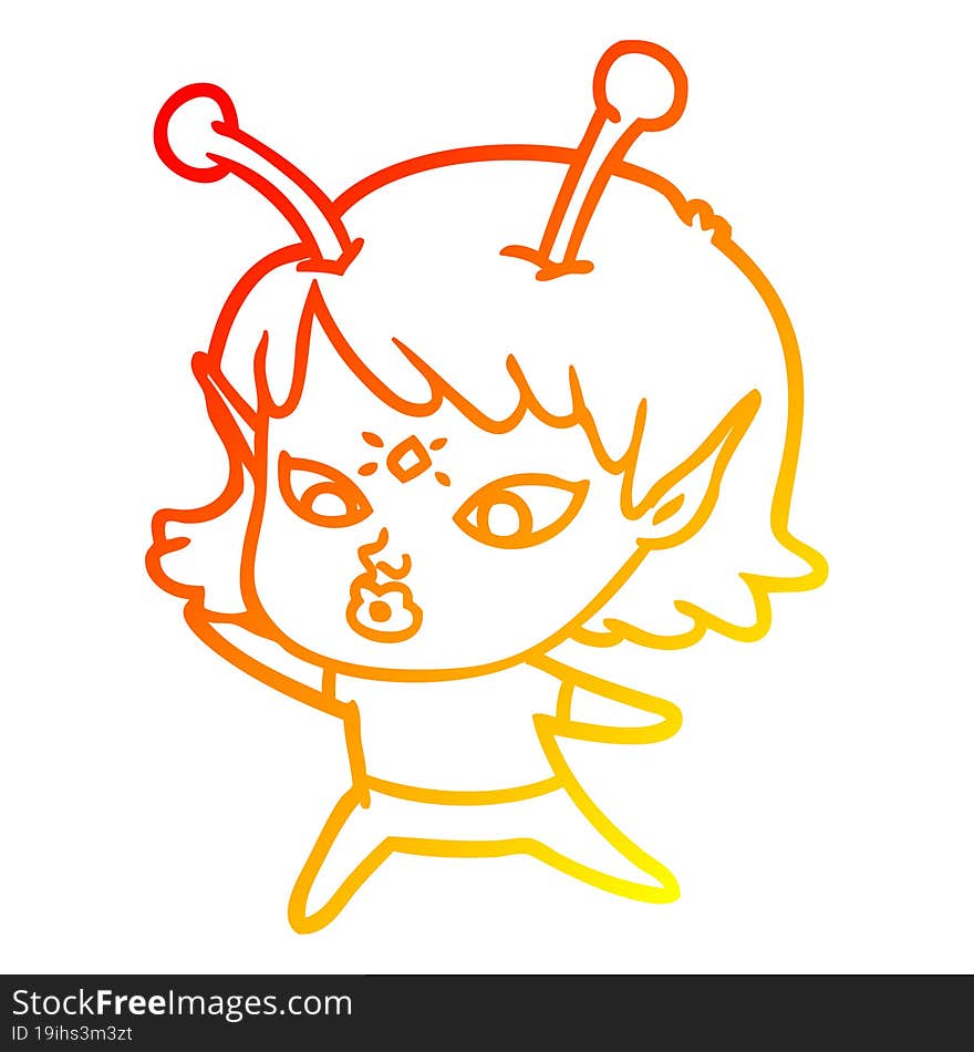 Warm Gradient Line Drawing Pretty Cartoon Alien Girl