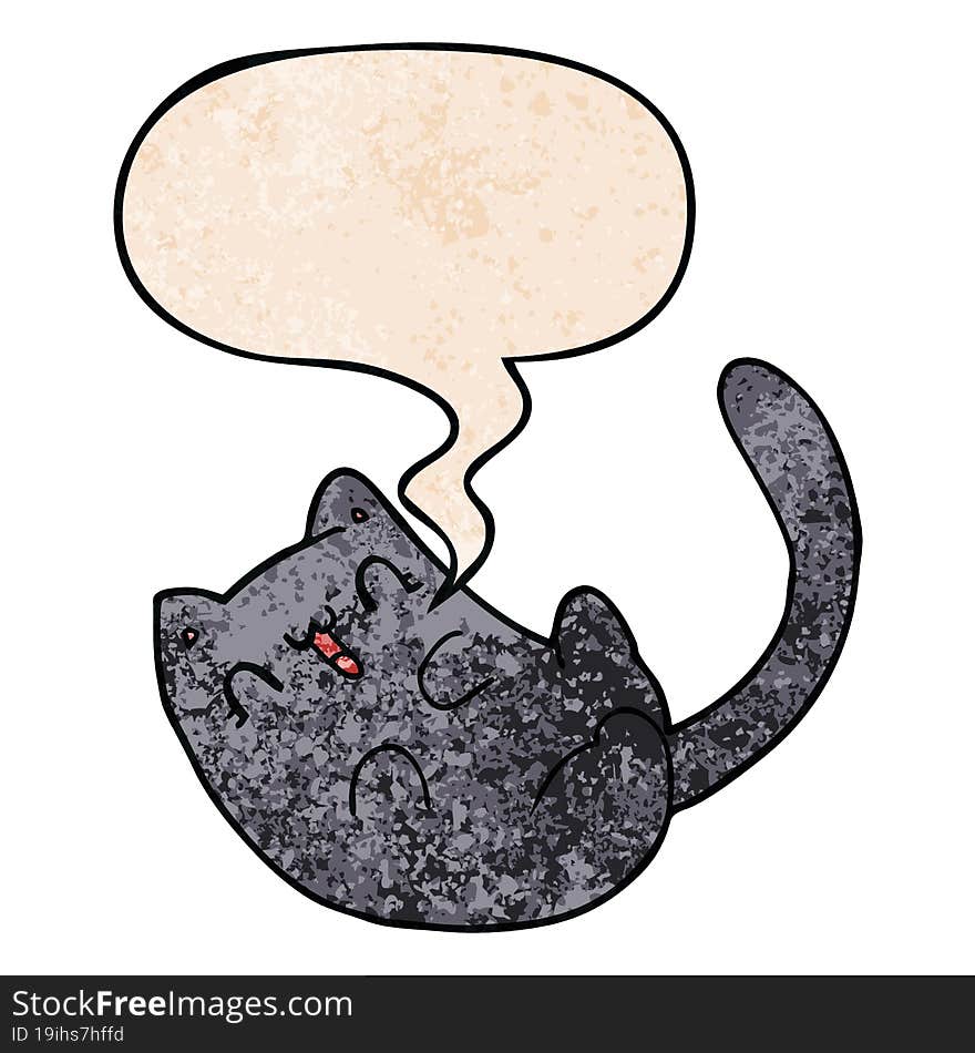 cartoon cat and speech bubble in retro texture style