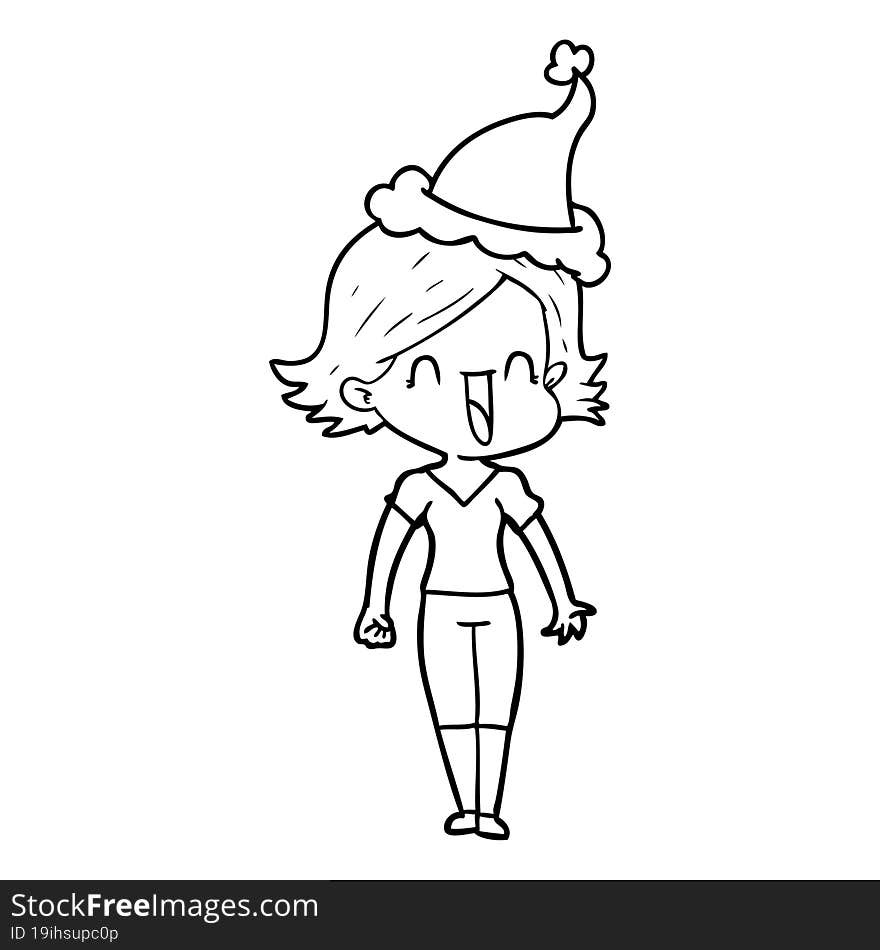 line drawing of a happy woman wearing santa hat