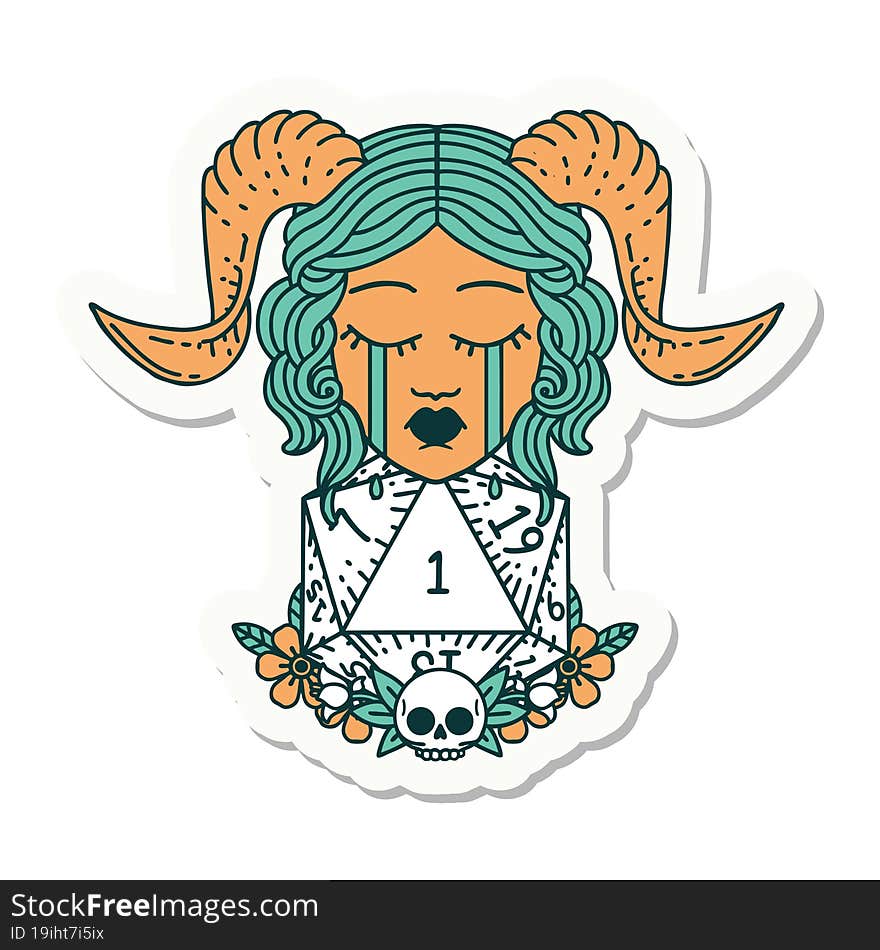 sticker of a crying tiefling with natural one D20 dice roll. sticker of a crying tiefling with natural one D20 dice roll