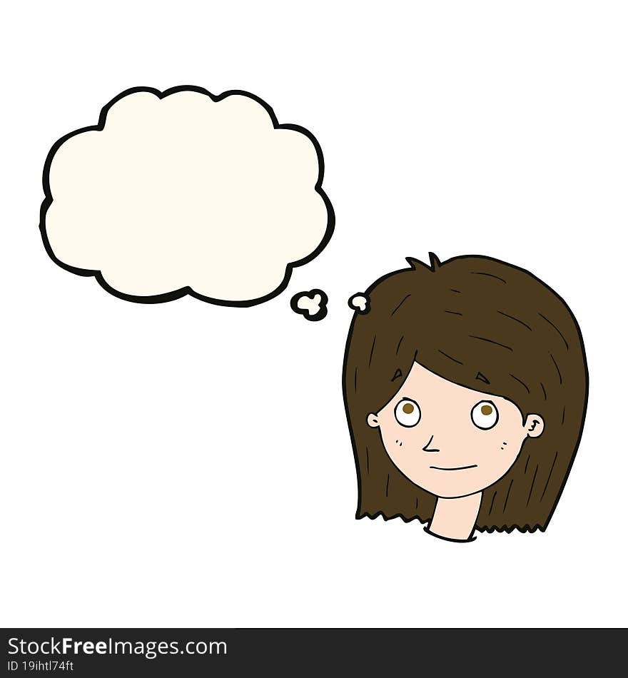 cartoon happy female face with thought bubble