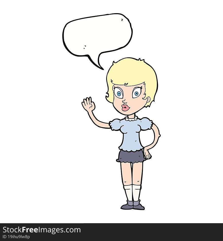 cartoon pretty girl waving with speech bubble