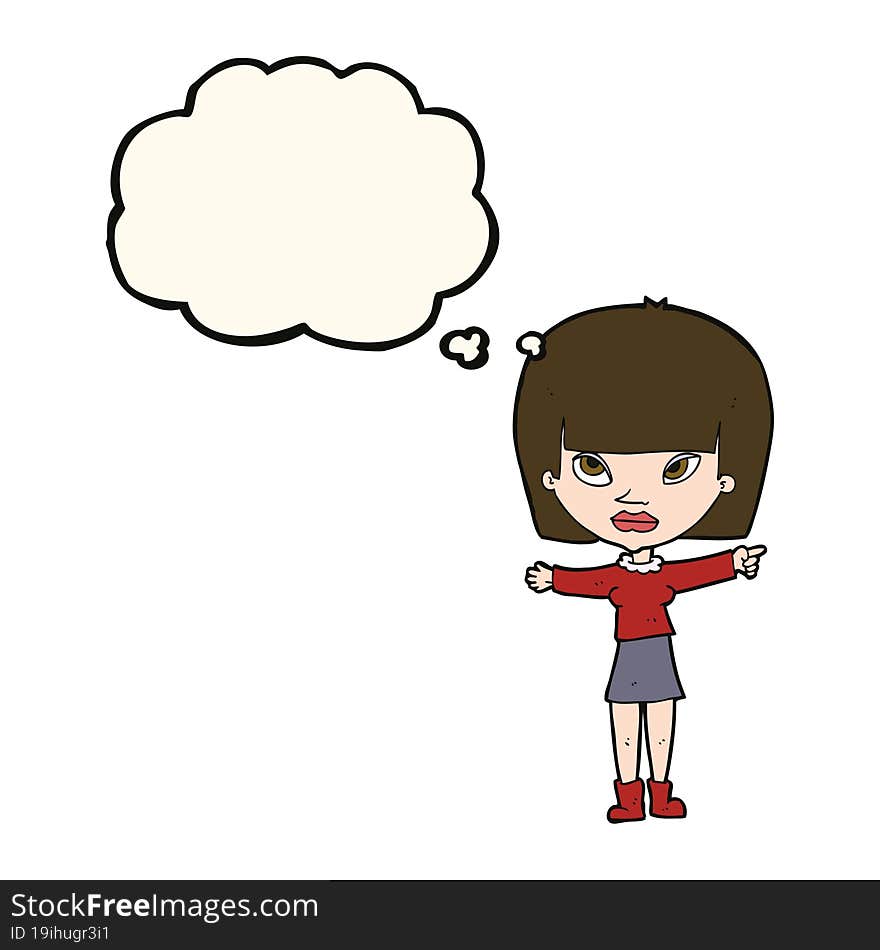 cartoon woman pointing with thought bubble