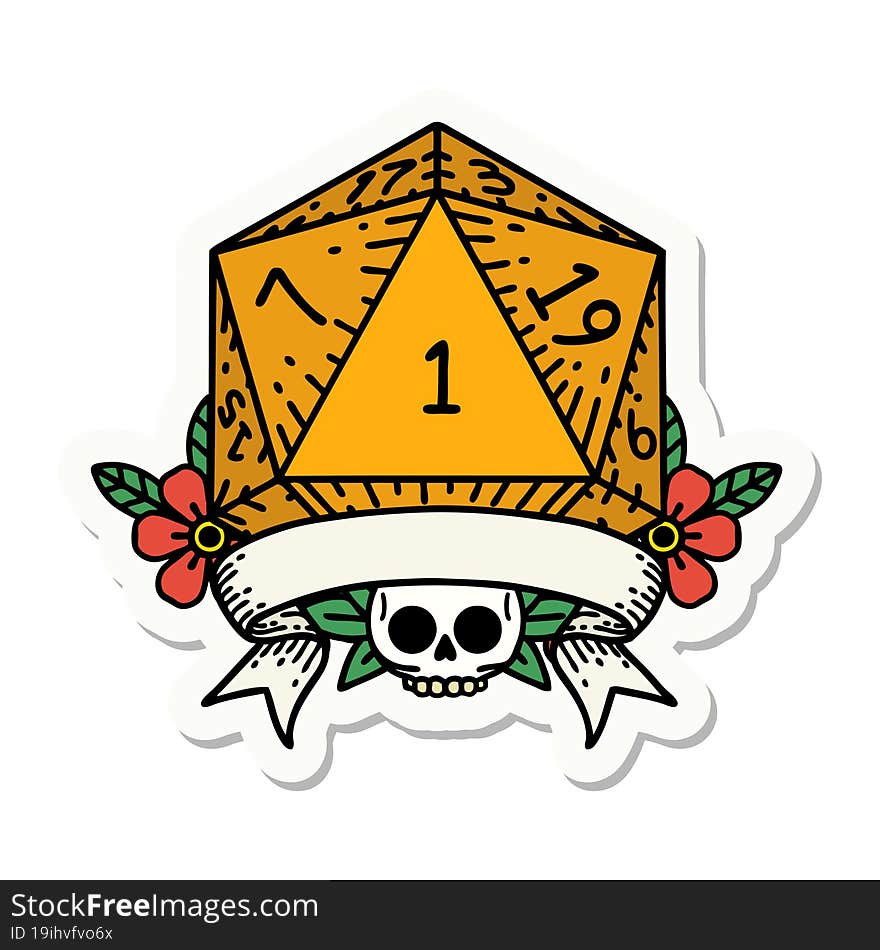 sticker of a natural one d20 dice roll. sticker of a natural one d20 dice roll