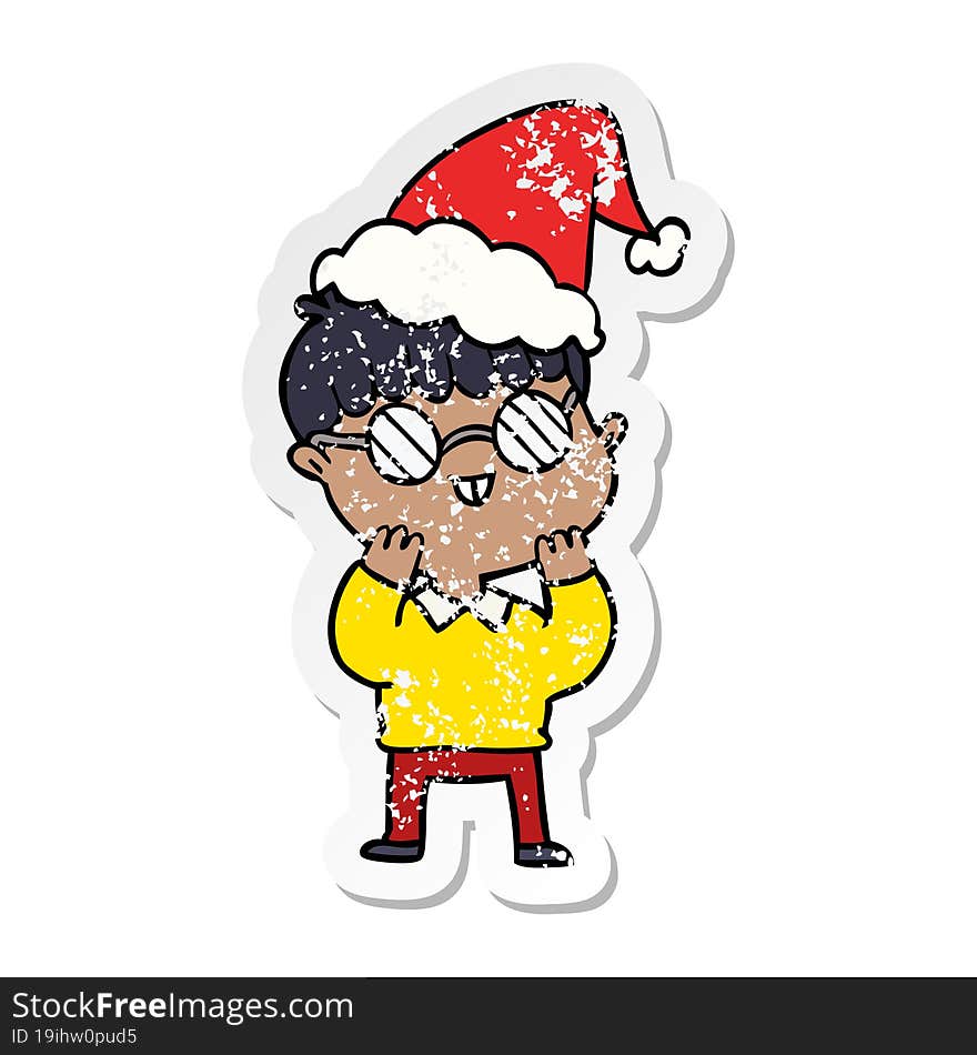 Distressed Sticker Cartoon Of A Boy Wearing Spectacles Wearing Santa Hat