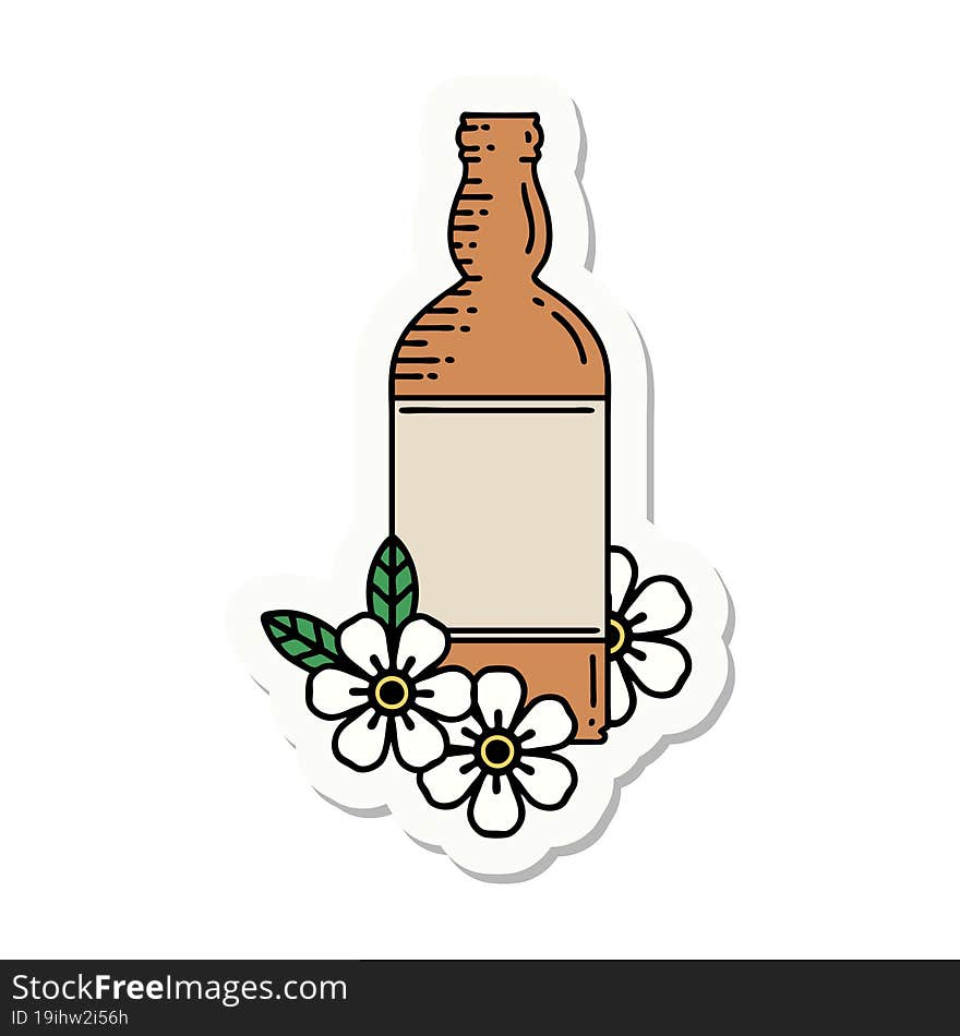 tattoo style sticker of a rum bottle and flowers