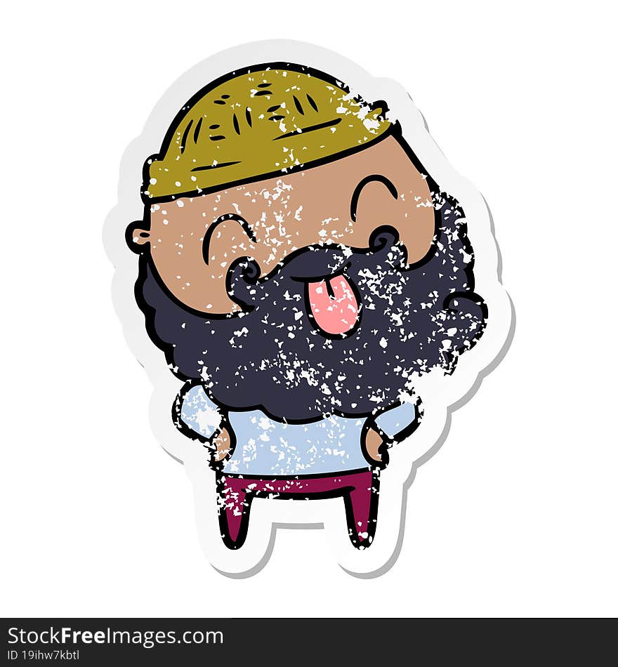 distressed sticker of a man with beard sticking out tongue