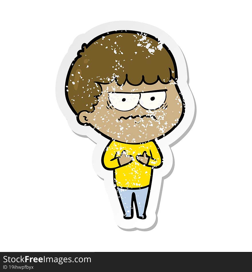 distressed sticker of a cartoon annoyed man