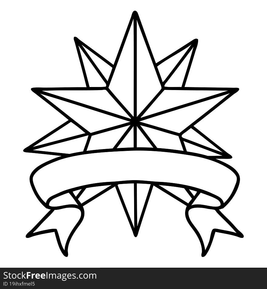 black linework tattoo with banner of a star