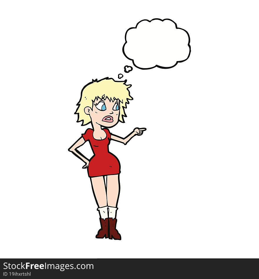 Cartoon Worried Woman In Dress Pointing With Thought Bubble