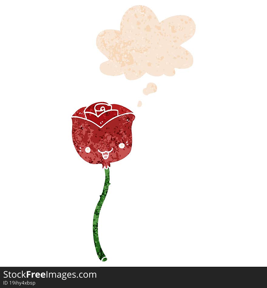 cartoon flower and thought bubble in retro textured style