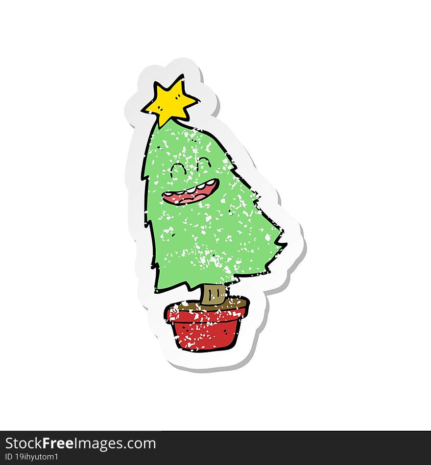 retro distressed sticker of a cartoon dancing christmas tree