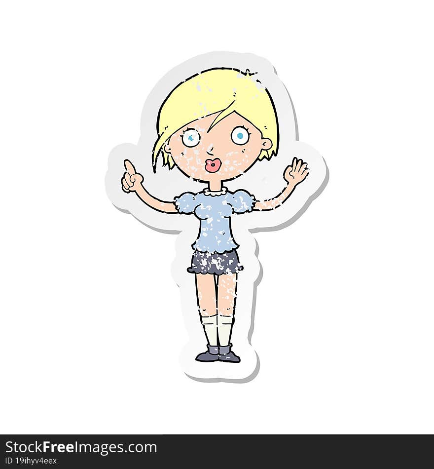 retro distressed sticker of a cartoon girl asking question