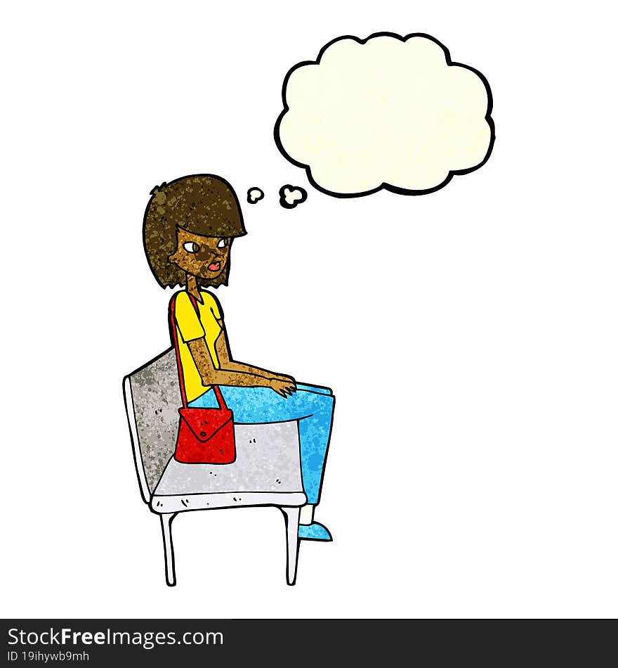 Cartoon Woman Sitting On Bench With Thought Bubble